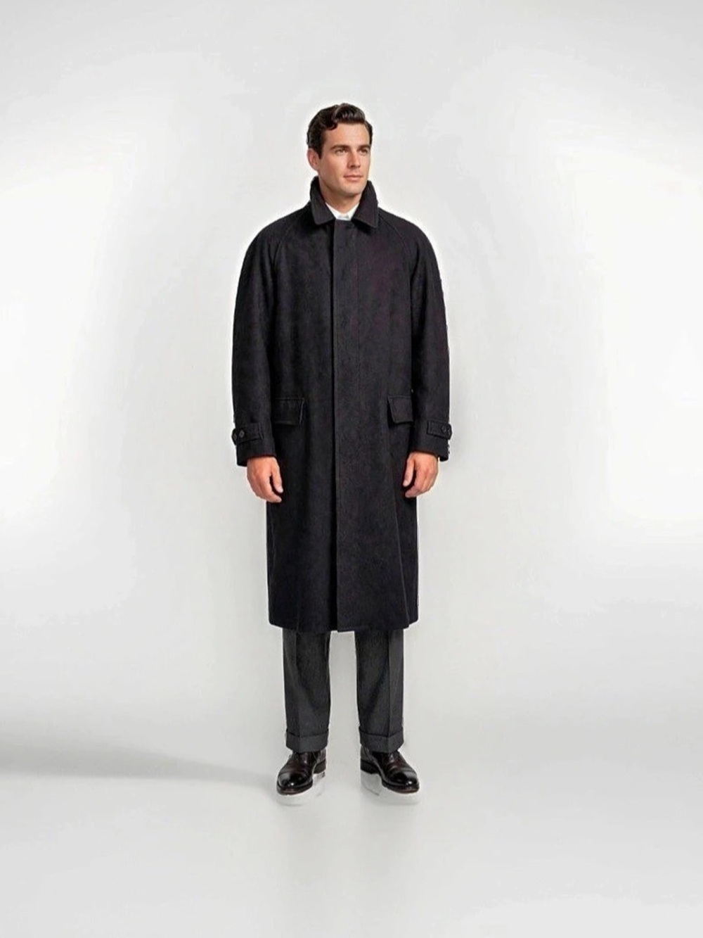 Vintage Alligator Weatherstyle Black Brown Wool Trench Overcoat Chest 48” Long